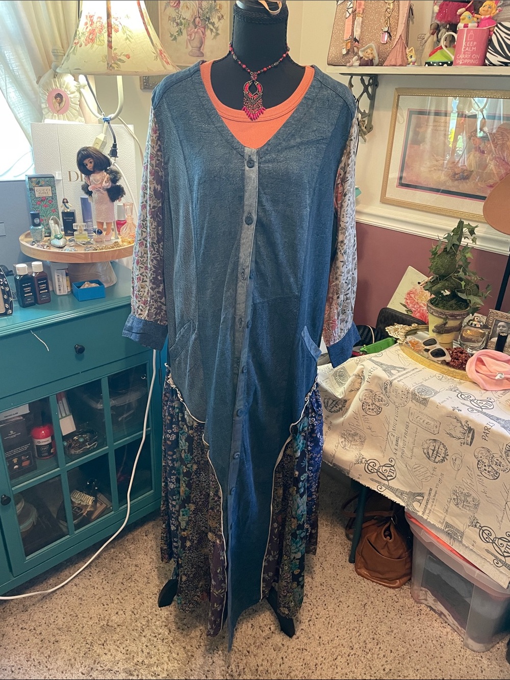 Boho Mixed-Media Button Front Maxi Dress in Denim                Young  Threads